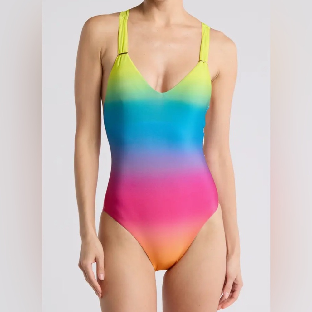 La Blanca Stripe Soft Strap Multi Colored One-Piece Swimsuit Women’s Size 8 NWT